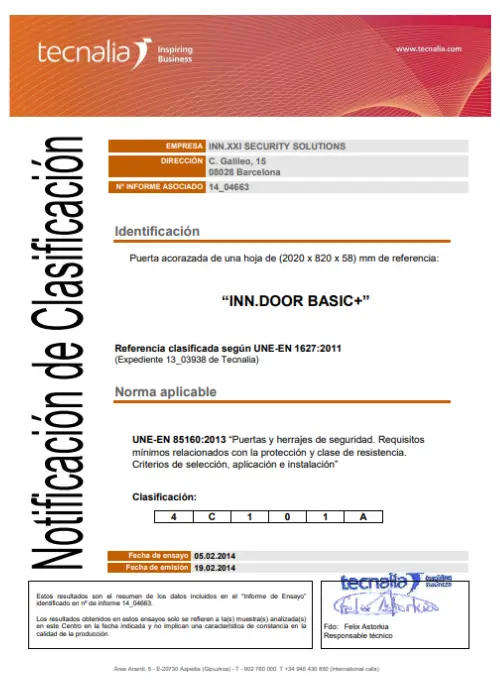 Cert INN.DOOR UNE85160 2013 BASIC4C