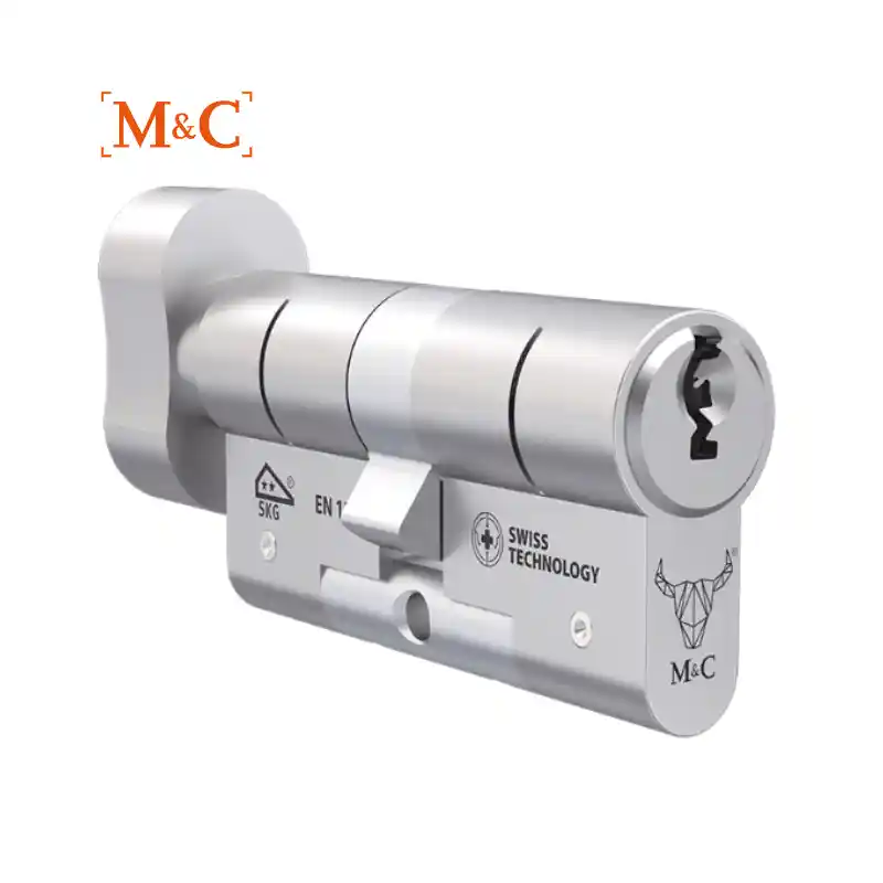 cilindro matrix 2 plata con pomo bombín matrix M&C 2 estrellas color plata con llave de seguridad de serreta y con pomo