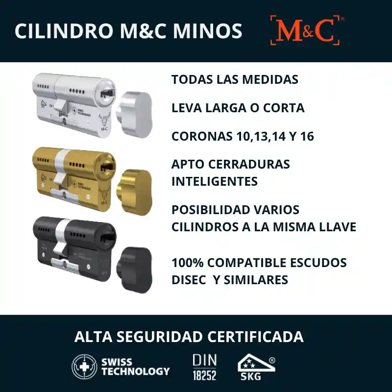 cilindro mc minos configuracion medidas leva coronas Configuración cilindro M&C MINOS con medidas a medida, leva corta o larga, coronas y opción de igualamiento de llaves