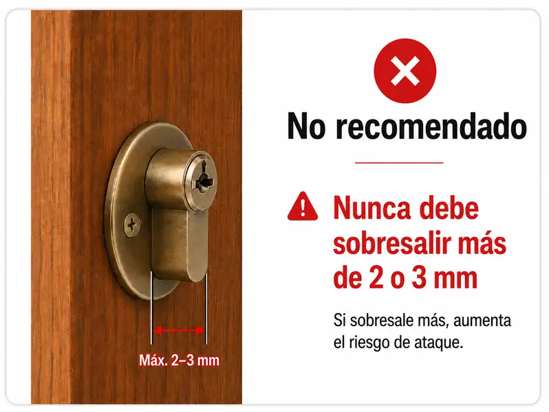 Bombín instalado que sobresale más de 2 o 3 mm del escudo, situación no recomendada