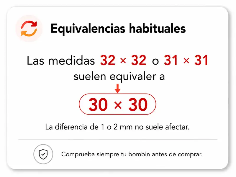 Equivalencias habituales entre medidas de bombín 30x30, 31x31 y 32x32