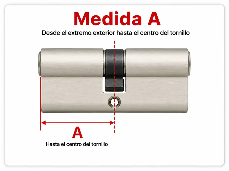 Medida A del bombín desde el extremo exterior hasta el centro del tornillo