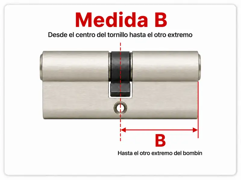 Medida B del bombín desde el centro del tornillo hasta el otro extremo
